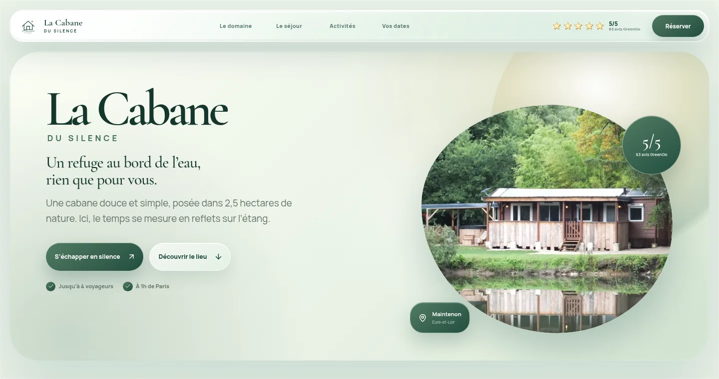Accueil actuel de La Cabane du Silence, avec la cabane au bord de l’étang